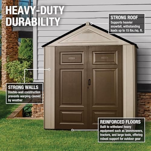 Rubbermaid Resin Outdoor Storage Shed With Floor (7 x 3.5 Ft.), Weather Resistant, Brown/Grey, Organization for Home/Lawn Mower/Backyard Equipment/Bike Storage/Pool Supplies