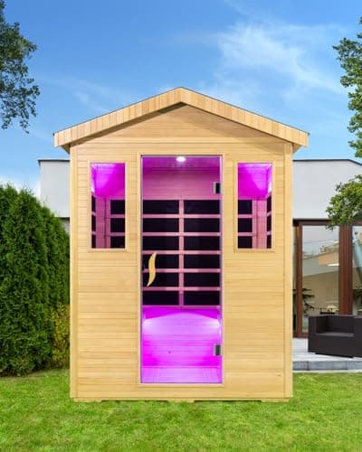 3300W 30A 110V Outdoor Wooden Low EMF Far Infrared Sauna with Bluetooth Speakers, LED Lamp, LCD Control Panel, Tempered Glass Door, 7 Colors Lighting 4 Person, 84.24"x66.6"x51.24"