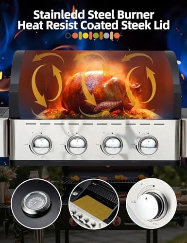 4-Burner Propane Gas Grill with Side Burner, Stainless Steel Spice Rack 542 Sq.In BBQ, 45,000 BTU Portable Propane Grill Output for Outdoor Cooking Kitchen, Barbecue Garden Patio Backyard