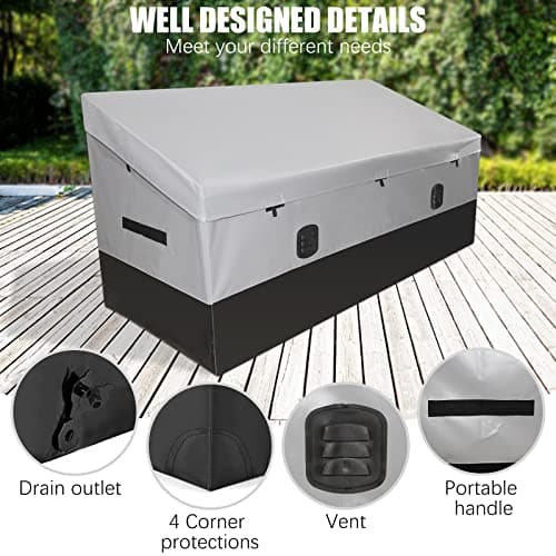 Outdoor Waterproof Storage Box, 150 Gallon, Waterproof PE Tarpaulin Deck Box w/Galvanized Metal Frame, All-Weather Protection & Portable, for Porch, Garden, Poolside, and Yard (Black & Grey)
