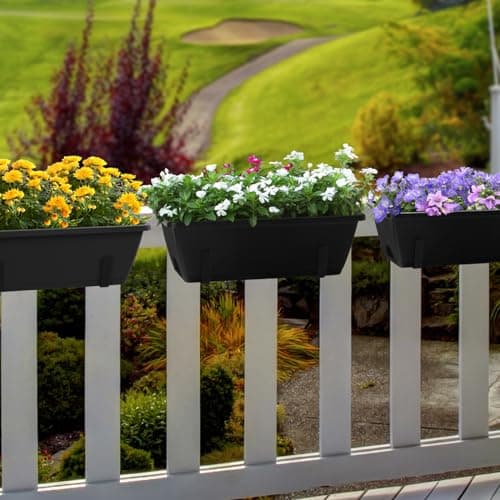YBING Railing Planter Box 4 Pack Window Boxes Planter with Adjustable Brackets Deck Railing Hanging Flower Boxes 16.9 Inches Balcony Planters Black Fence Hanging planters for Outdoor