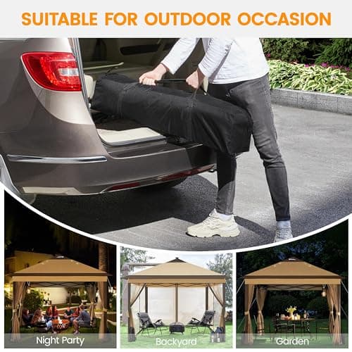 Yaheetech 11'x11' Pop Up Gazebo Instant Tent with 17 Solar LED Lights & Zippered Mesh Netting, Outdoor Shelter Sun Shade Gazebo with Sandbags for Backyard Garden Patio, Khaki & Brown