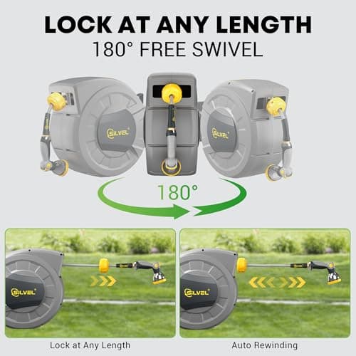 SILVEL Retractable Garden Hose Reel, 1/2 in x 110 ft Wall Mounted Garden Hose Reel, with 10 Pattern Nozzle, Any Length Lock, Slow Return System, 180°Swivel Bracket