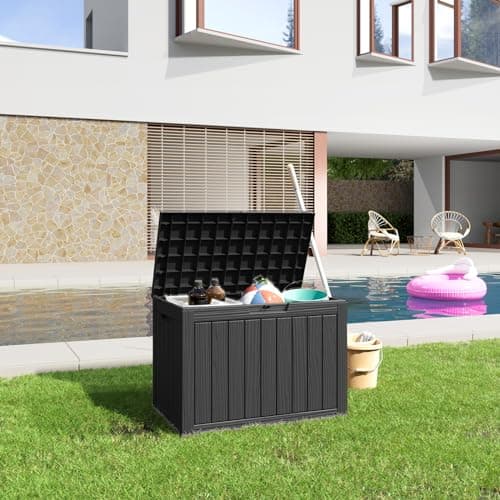 45 Gallon Resin Deck Box, Lockable Patio Outdoor Storage Box for Furniture, Garden Tools and Tools Storage, Waterproof Outside Storage Boxes - Black