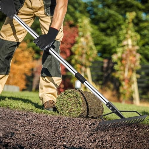 5.2FT Garden Rake, 16 Tines Metal Rakes with Adjustable Stainless Steel Handle, Bowrake for Lawns Heavy Duty Loosening Soil Farming Land Management, Gathering Leaf Yard Rake with Gloves