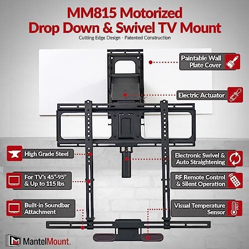MantelMount MM815 Motorized Remote Control Pull Down TV Mount with Automated Swivel | Above Fireplace Mount for TVs 45"-90" Up to 115 lbs | RF Remote Control & Favorite Memory Positions