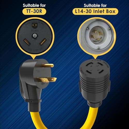 Generator Transfer Switch Adapter Cord TT-30 RV 30Amp to L14-30 Flexible with Ergonomic Handle, 30 Amp 3 Prong to 4 Prong 10 AWG Generator Plug Adapter, RV Generator Plug to Inlet Box 1FT
