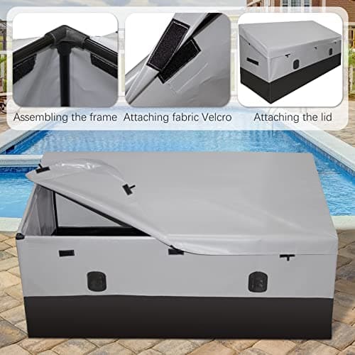 Outdoor Waterproof Storage Box, 150 Gallon, Waterproof PE Tarpaulin Deck Box w/Galvanized Metal Frame, All-Weather Protection & Portable, for Porch, Garden, Poolside, and Yard (Black & Grey)