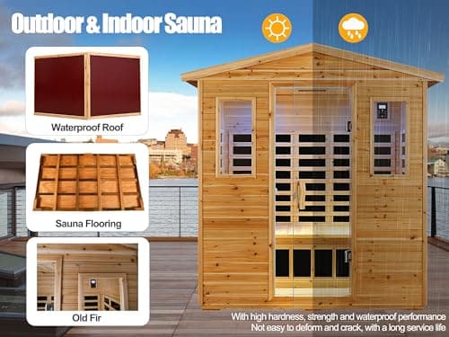 Outdoor Sauna 3 Person Infrared Sauna, Infrared Saunas for Home, 1950W Low EMF Far Infrared Sauna Old Fir Wooden Sauna with Beauty Red Light, Foldable Seat, Bluetooth, Chromotherapy Lamp, Reading Lamp