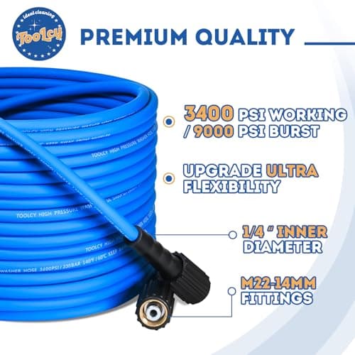 TOOLCY Wearproof Pressure Washer Hose 50ft, 3400 PSI Kink Resistant Power Washer Hose 1/4 in., Replacement Power Wash Hose with M22 and 3/8" Quick Connection Kit for Gas & Electric