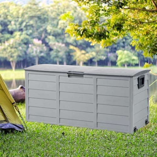 VINGLI Upgraded 75 Gallon Outdoor Storage Box, Lockable Plastic Storage Containers with Lid, Patio Deck Box Furniture for Garden, Pool, Balcony, Yard (Grey)