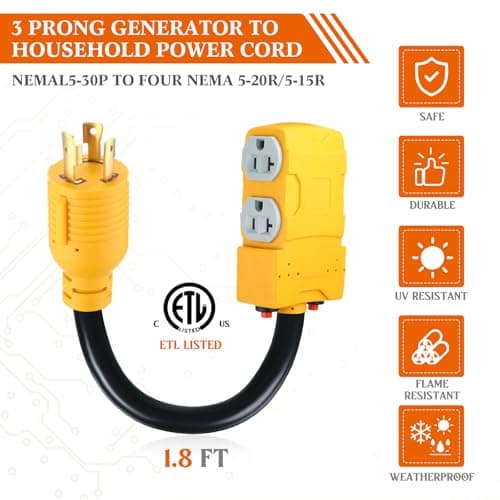 Kanayu 1.8 FT 30 to 20 Amp 110V Generator Distribution Adapter Compatible with NEMA L5-30P to NEMA 4X 5-20R/ 5-15R, 3 Prong Generator to Four Household Outlet with 20 Amp Circuit Breaker