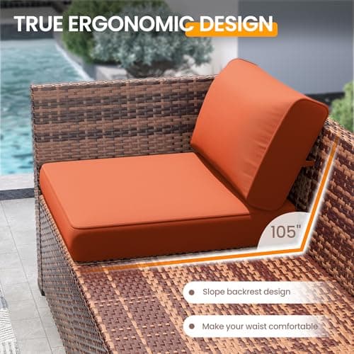 UDPATIO Patio Furniture Set With 44'' Fire Pit Table,Modular Outdoor Furniture Sets,Slanted Back Outdoor Sectional Conversation Set PE Rattan Sofa for Backyard W/Coffee Table,4'' Cushions,8 PCS,Orange