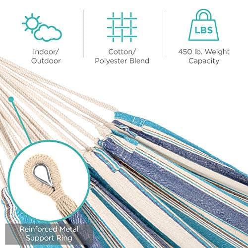 Best Choice Products Double Hammock with Steel Stand, Indoor Outdoor Brazilian-Style Cotton Bed w/Carrying Bag, 2-Person Capacity - Ocean