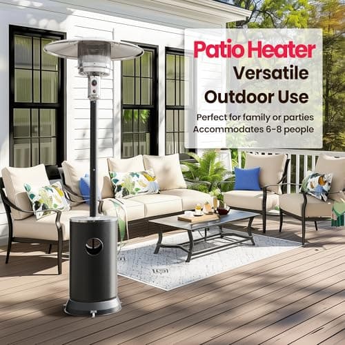 PAMAPIC 48000 BTU Patio Heater, Outdoor Propane Heater 2 in 1 Table Design, Double-Layer Stainless Steel Burner, Wheels, Triple Protection System, Outdoor Heater for Home and Residential,Black