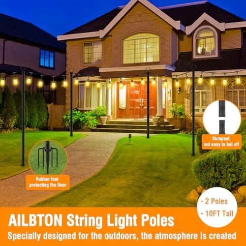 AILBTON 2 Pack 10Ft String Light Poles,Light Poles for Outside String Lights,Outdoor Light Poles with Fork,Metal Pole Stand for Patio,Backyard,Deck