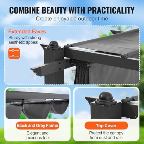 VEVOR 10'x10' Outdoor Retractable Pergola with Canopy, Aluminum Pergola with Retractable Canopy, Modern Style, Sun Shade for Patios, Gardens, Decks, Backyards (Gray)