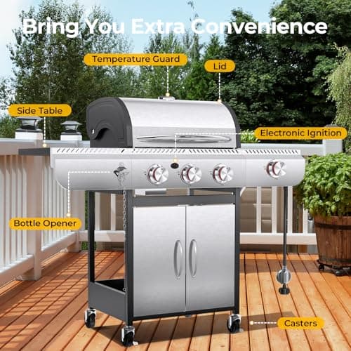 R.W.FLAME 3 Burners Propane Gas Grill with Side Burner, 34000 BTU BBQ Grills for Outdoor Cooking, Enamel-coated Wire Grate, Removable Grease Tray, Barbecue Grill for Camping, Backyard, Patio, Deck