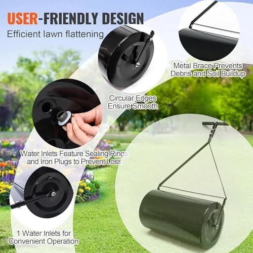 Lawn Roller,Combination Push/Tow Poly Lawn Roller with Easy Turn Tethered Plug,Durable Iron Garden Lawn Roller, 14 by 24", for Lawn and Garden Tractors (60L/16 Gallon)