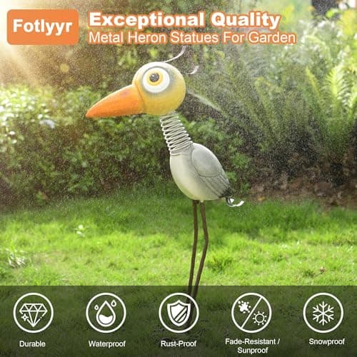 28" Tall Metal Heron Garden Decor for Outside –Whimsical Yard Art for Patio, Lawn, Porch, Backyard– Cute Outdoor Crane Statue, Birthday for Mom, Grandma, Women, Wife,Girl