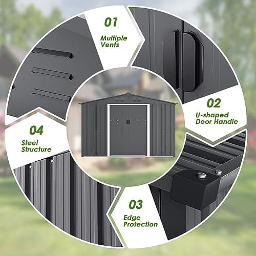 6x8 FT Outdoor Storage Shed, Metal Shed Kit with Double Doorknobs and Air Vents, Double Sloping Roof Garden Shed, Galvanized Shed with Sliding Door (Grey)