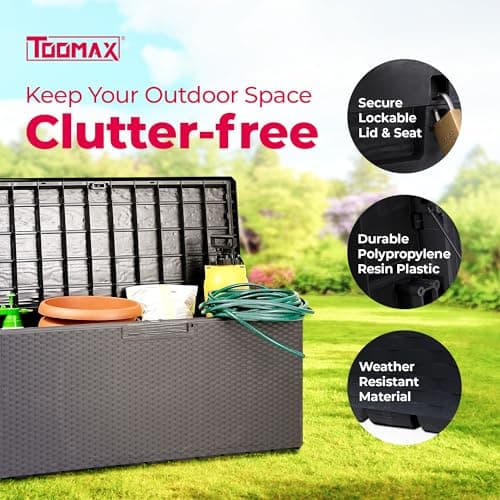 Toomax Portofino Large 90 Gallon Plastic Outdoor Storage Backyard Deck Box, with Lockable Lid, Seat Weight Capacity 450 Pounds, Gray
