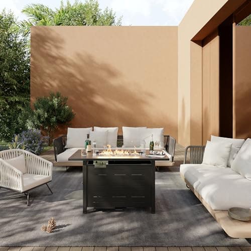 Aoxun 44 Inch Propane Fire Pit 50,000 BTU Outdoor Gas Fire Table with Waterproof Cover and Glass Wind Guard, Rectangular Steel Firepit Table with Lid and Lava Rock for Outdoor, Patio, Backyard