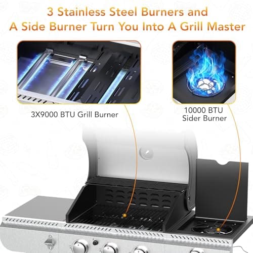 3-Burner Propane Gas Grill with Side Burner,Stainless Steel BBQ Grill with Porcelain-Enameled Cast Iron Grates,37000 BTU Barbecue Grill, Suitable for Patio,Camping,Outdoor Cooking