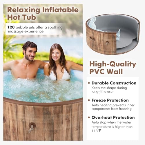 GYMAX Hot Tub, 4 to 6 Person Inflatable Portable Hot Tub with 120 Soothing Bubble Air Jets, Insulated Lockable Cover, Floor Mat & LED Touch Control, Outdoor Blow Up Spa Tub for Backyard, Patio