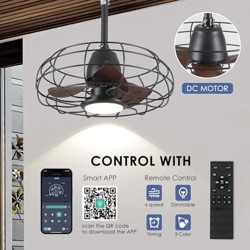 Outdoor Waterproof Ceiling Fan - 20" Caged Ceiling Fans with LED Lights, Reversible AC Motor, Low Profile Industrial Fan Light Fixture, Plug In with Hook Ceiling Fan for Outdoor Patios, Gazebo