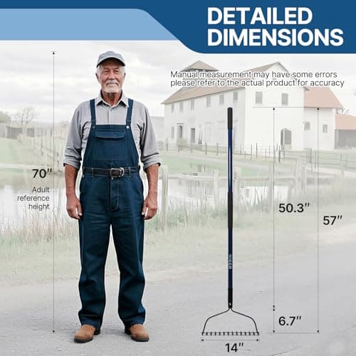 57 Inch Heavy Duty Garden Rake with Blue Fiberglass Handle - 14-Tooth Metal Yard Rake for Gardening, Farming, and Yard Work - Durable Hard Rakes for Heavy Duty Use