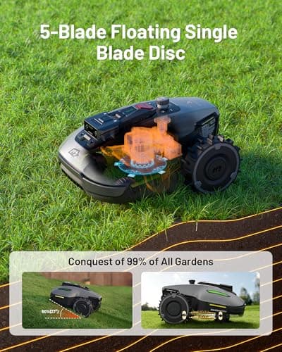 YUKA Mini 500H Robotic Lawn Mower with Garage Standard, Reception 0.12 Acre, Max Mowing 0.17 Acre, Ultrasense AI Vision+ RTK, Auto Mapping, 50% Slope, Cutting Height 2''~3.5'', 15 Mowing Zones
