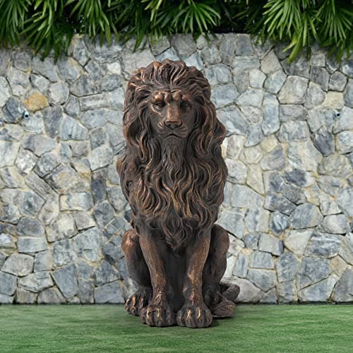 Glitzhome Guardian Sitting Lion Statue Regal Indoor and Outdoor Garden Sculpture for Home Entrance Porch and Yard, 20.5in Tall, Bronze