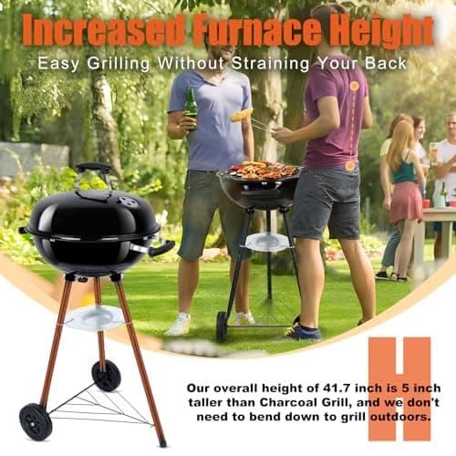 18 Inch Kettle Charcoal Grill, Leonyo Outdoor Barbecue Kettle Grill, Portable Round Smoker with Wheels, Porcelain-Enameled Lid & Fire Bowl, Perfect for Camping/Backyard/Tabletop Cooking/BBQ Party