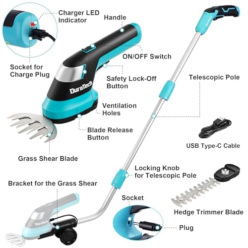 DURATECH Cordless Hedge Trimmer, 7.2V 3-in-1 Handheld Electric Grass Trimmer & Hedge Shears with 50" Wheeled Extension Pole, USB Type-C Cable and Built-in Li-ion Battery, for Garden, Yard and Lawn