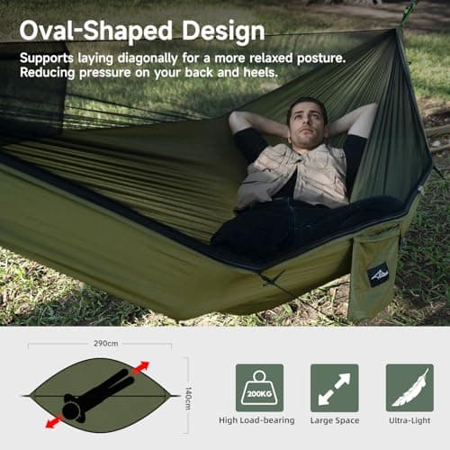 Camping Hammock with Mosquito Net and Ridge Rope, Extra Large for 2 Person, Lightweight Hanging Hammocks Tree Straps, All-in-one Fast Open Hammock for Outside, Hiking, and Travel
