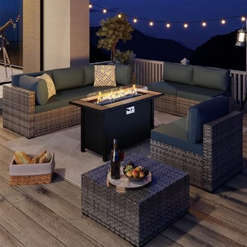 JAMFLY Propane Fire Pit Table 45 Inch, 50,000 BTU Outdoor Gas Firepit Table for Outside Patio with Glass Wind Guard, Blue Glass Rocks,Waterproof Cover, Gray