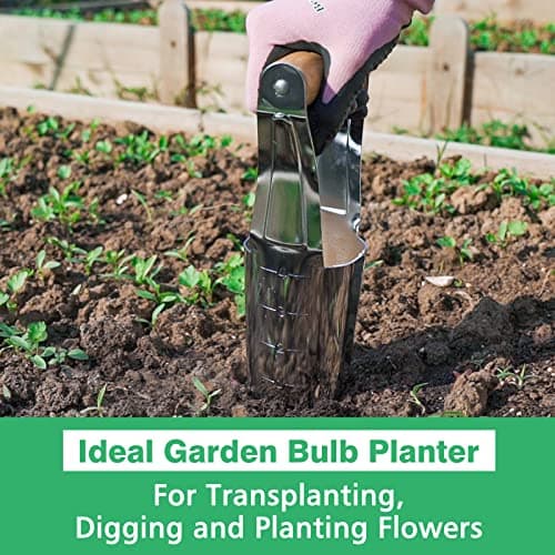 Garden Bulb Planter with 4 Inches Depth Mark, Stainless Steel Gardening Bulb Transplanter Tool with Short Handle for Planting Flowers Tulips, Daffodils, Lily, Dahlias