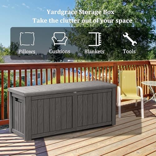 120 Gallon Waterproof Deck Box, Lockable Resin Storage Box for Patio Furniture Cushions Garden Tools and Outdoor Delivery Storage, Coffee