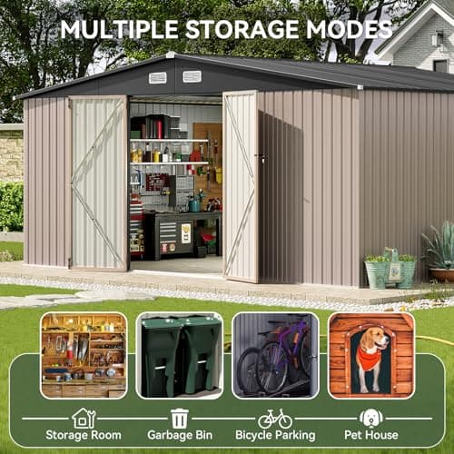Aoxun 14x12 FT Shed Outdoor Storage Shed 800CUFT, Steel Utility Tool Shed Storage House with Door & Lock, Metal Sheds Outdoor Storage for Garden Patio Lawn Poolside, Brown
