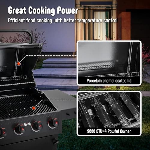 4-Burner Propane Gas Grill, Outdoor Grill with 2 Side Tables and Porcelain-Enameled Grates for Patio BBQ, 36000 BTU Powerful for Outdoor Cooking, Black - Perfect for Your Next Backyard BBQ