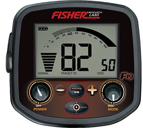 Fisher F19 Metal Detector with 11-Inch DD Waterproof searchcoil, FeTone Adjustable Iron Audio, V-Break Tone Discrimination, Ground Grab, and Backlit Display for Depth and Target Separation