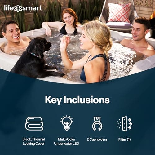 LifeSmart 4-Person Hot Tub, Outdoor Spa with Cover and LED Lights, Square, Beige - Above-Ground Spa Machine with Accessories for Home and Personal Relaxation