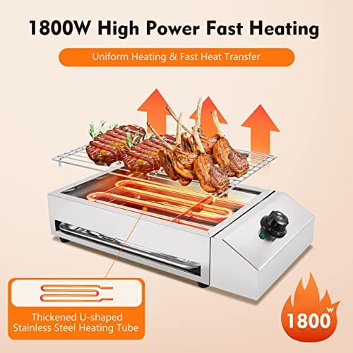 110V 1800W Commercial Electric Grill Portable Barbecue Oven Stainless Steel BBQ Grill Countertop Flat Top Electric Grill for Indoor Restaurant Outdoor Camping Party Sliver