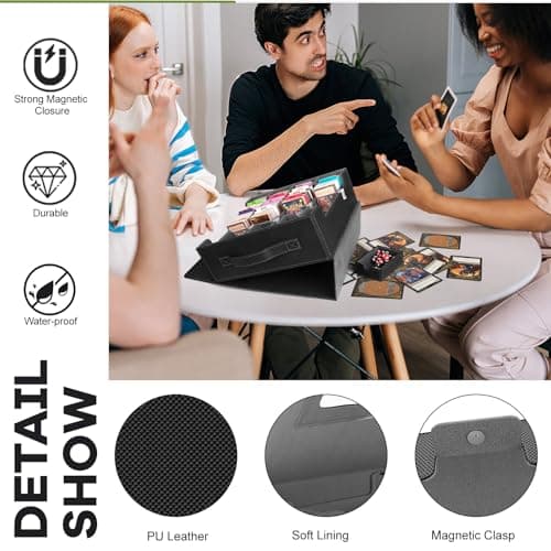3200+ Trading Card Storage Box with Commander Display, 4-Row Card Deck Box with Portable Handle, Compatible for YuGiOh/MTG/TCG Cards, 30 Colorful Divider, 8 Supporters, 1 Dice Tray (Black & Grey)