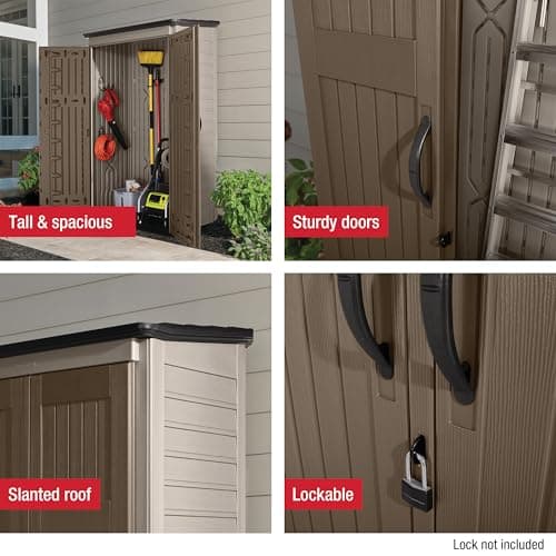 Rubbermaid Vertical Resin Outdoor Storage Shed, With Floor (4 x 2.5 Ft), Weather Resistant, Brown, Organization for Home/Backyard/Garden Tools/Porch/Patio Cushions/Pool Chemicals/Toys
