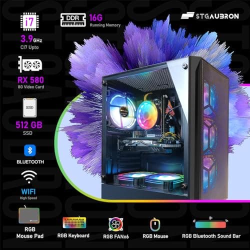 STGAubron Gaming PC Bundle with 24Inch FHD LED Monitor-Intel core I7 up to 3.9G, RX 580 8G, 16G, 512G SSD, RGB Mouse Pad, RGB Sound Bar, Windows 10 Home
