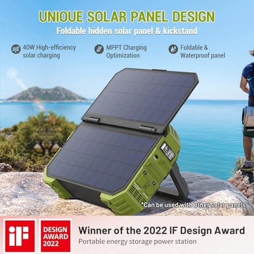BROWEY Portable Power Station 1000W with Built-in Solar Panel, 614WH/192000mAh LiFePO4 Battery Pack, Solar Generator with AC/DC/USB/PD Outputs for Outdoor Camping, RV Travel, Emergency Preparedness