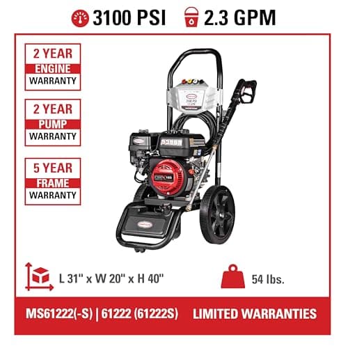 SIMPSON Cleaning MS61222-S MegaShot 3100 PSI Gas Pressure Washer, 2.3 GPM, CRX165 Engine, Includes Spray Gun, Extension Wand, On-Board Soap Tank, 4 QC Nozzles, 25-ft. Hyflex Hose, 49-State