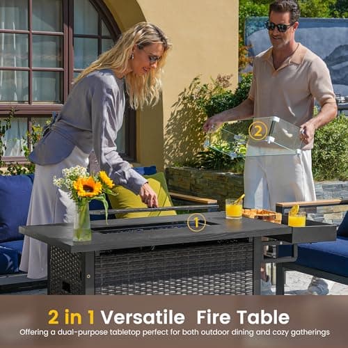 Sundale Outdoor 52 Inch Outdoor Fire Pit Table, 50000 BTU Propane Fire Pits with Storage Shelf, Glass Wind Guard and Lid, Wicker Patio Gas Fire Pit for Outside Patio and Garden, CSA-Listed(Grey)